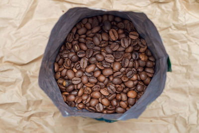 Coffee beans in a bag top view
