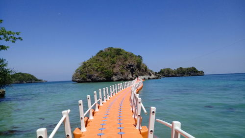 Scenic view of sea against clear blue sky