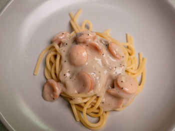 High angle view of pasta in plate