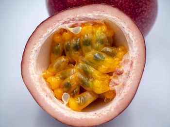 High angle view of fruits in plate on table