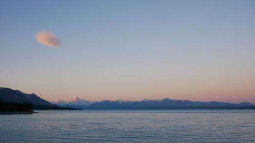 Scenic view of lake against clear sky during sunset