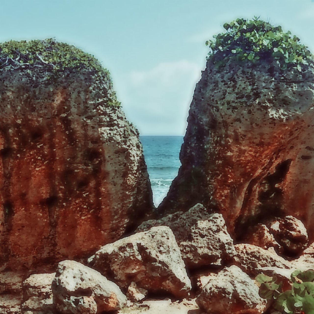 sea, horizon over water, water, rock - object, tranquil scene, scenics, sky, tranquility, beauty in nature, rock formation, non-urban scene, nature, shore, cliff, eroded, outdoors, tourism, blue, geology, physical geography, remote, no people, coastal feature, rocky, large, cloud - sky