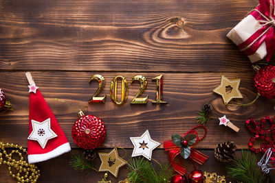 High angle view of christmas decorations on table