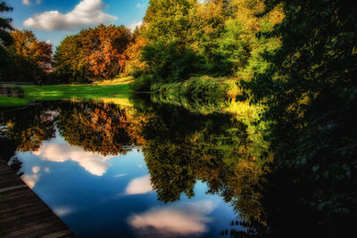 Reflection of trees in lake against sky