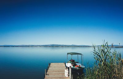Scenic view of lake against clear blue sky