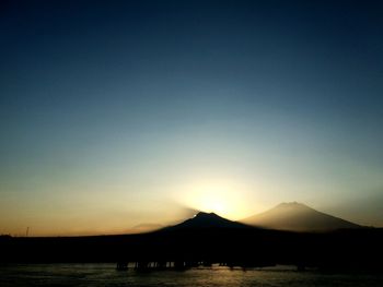 Scenic view of lake against clear sky during sunset