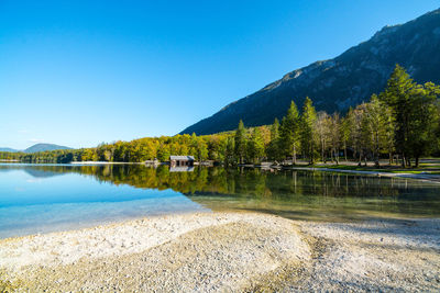 Scenic view of lake and mountains against clear blue sky