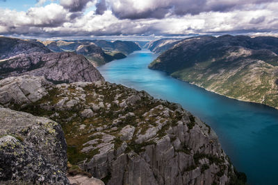 Preikestolen rock is a famous tourist attraction near stavanger, norway.