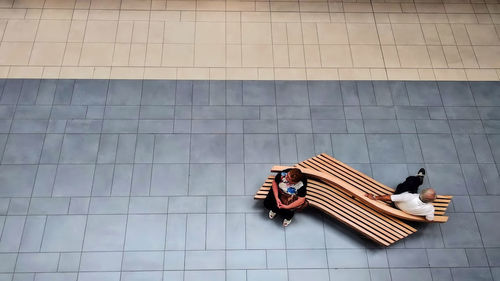 High angle view of toy on tiled floor