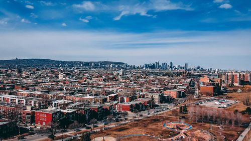High angle shot of townscape against sky