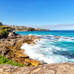 Scenic view of sea against clear blue sky