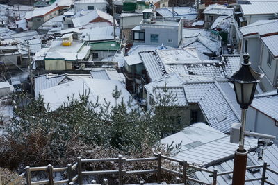 Aerial view of snow covered roof