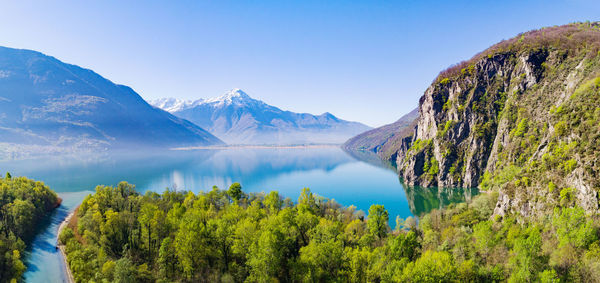 Scenic view of lake and mountains against clear sky