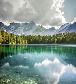 Scenic view of lake against cloudy sky