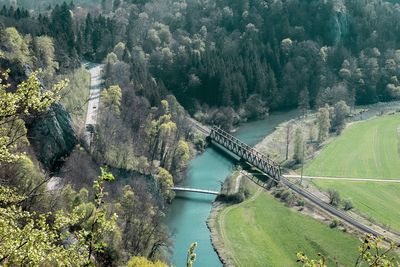 High angle view of bridge over river by trees