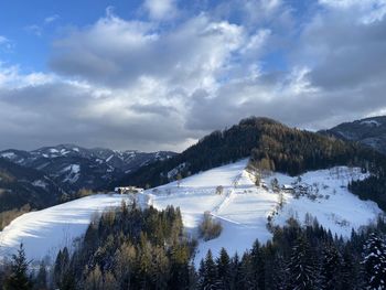 Scenic view of snowcapped mountains against sky