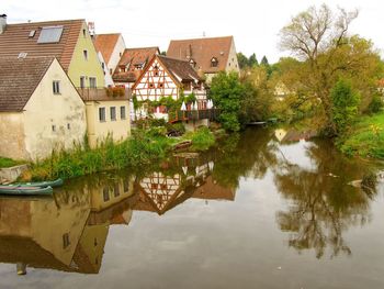 Reflection of trees and houses in water