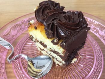 High angle view of chocolate cake on table