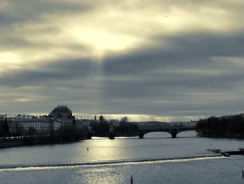 View of bridge over river against cloudy sky