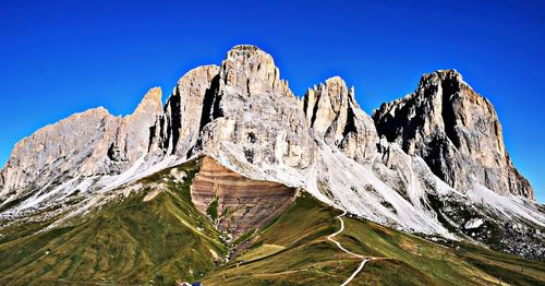 Scenic view of rocky mountains against clear blue sky