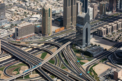 High angle view of modern buildings in city