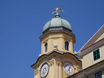 Low angle view of clock tower against clear sky