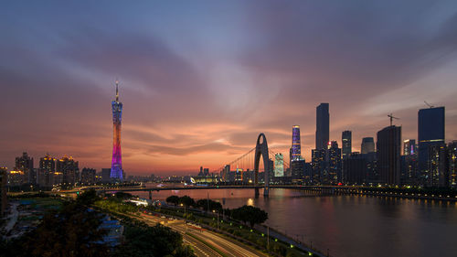 Illuminated city buildings against sky during sunset