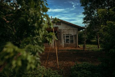 Abandoned building by trees against sky