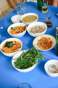 High angle view of meal served on table