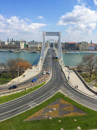 Aerial view of bridge over river against sky in city