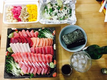 High angle view of sushi served on table