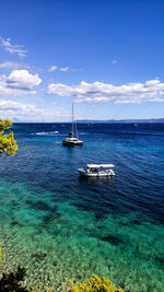 Sailboats sailing in sea against sky