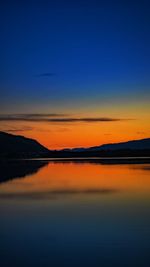 Scenic view of lake against romantic sky at sunset