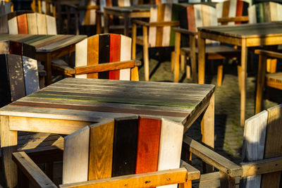 Close-up of empty chairs on table