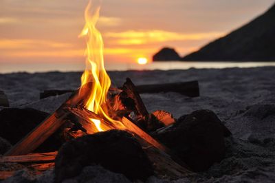 Close-up of bonfire at sunset