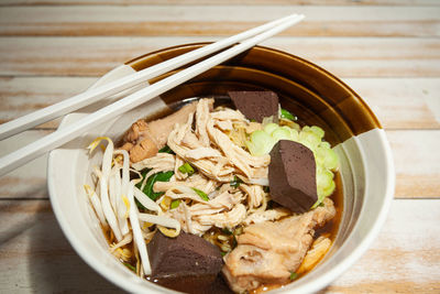 High angle view of food in bowl on table