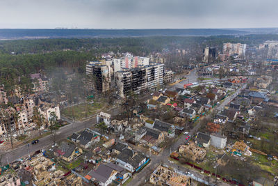 The aerial view of the destroyed and burnt buildings. the buildings were destroyed by rockets.