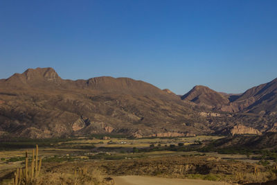 Scenic view of mountains against clear blue sky