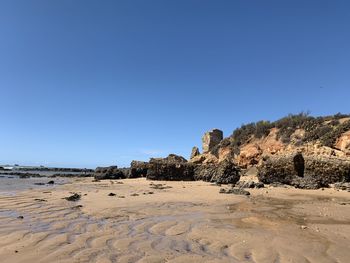 Scenic view of beach against clear blue sky