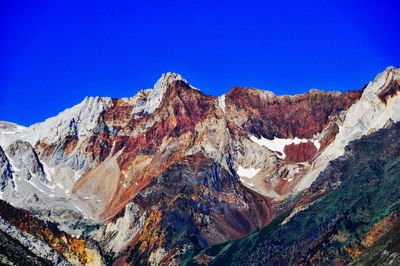 Scenic view of mountains against clear blue sky