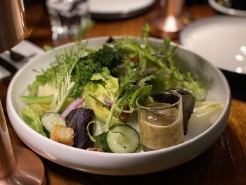 High angle view of salad in bowl on table