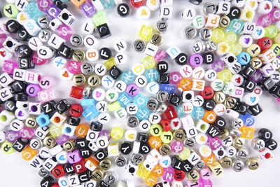 Full frame shot of colorful alphabet beads