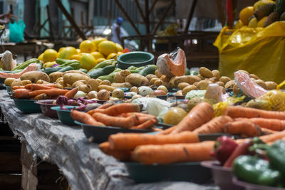 A market stall with fruits and vegetables for sale in the city of santo amaro in bahia.
