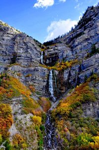 Scenic view of waterfall against sky