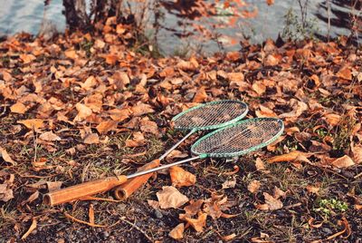 Badminton rackets on field