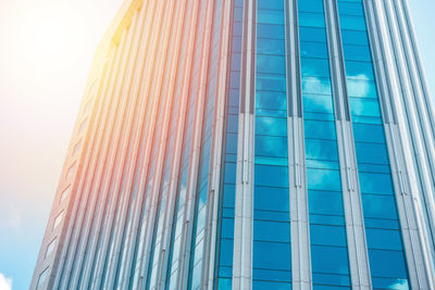 Low angle view of modern building against clear blue sky