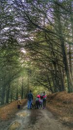 Side view of woman standing on tree trunk