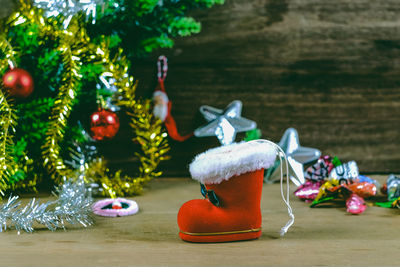 Close-up of christmas decoration on table