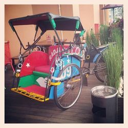 Multi colored bicycle in basket