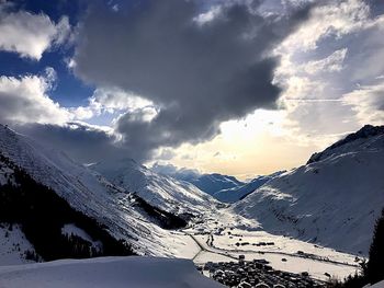 Scenic view of snowcapped mountains against sky